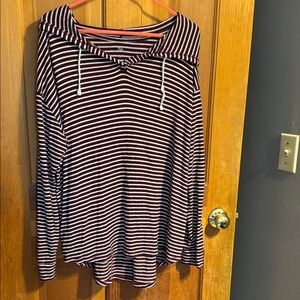 SO Maroon & White Striped Hooded Long-Sleeve Top